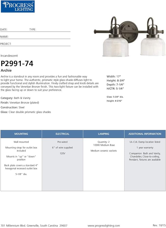 Progress Lighting P2991-74 Archie Collection Clear Double Prismatic Glass Coastal Bath Vanity, 2-Light, Venetian Bronze