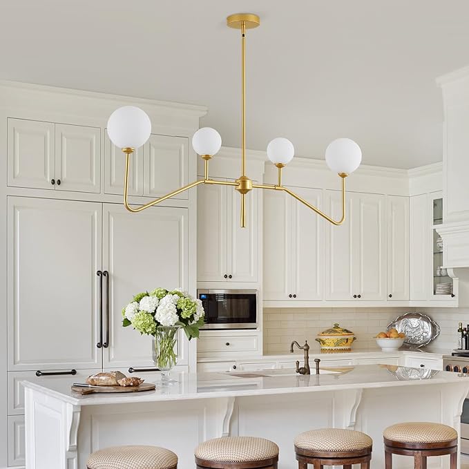 Modern Linear Chandelier for Dining Room,Glass Globe Kitchen Island Light, Mid-Century Sputnik Ceiling Light Fixture with Brushed Gold Finish & Milk Glass Shades, Adjustable Rod Hanging Lighting