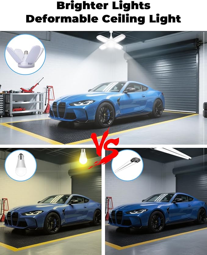 4 Pack LED Garage Lights, 6000LM 60W Deformable Shop Light with 4 Adjustable Panels, 6000K Garage Lights Ceiling Led, E26 Base - 360° Foldable Design for Warehouse/Basement/Workshop