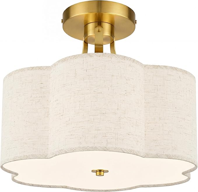 AUTELO 3-Light Semi Flush Mount Ceiling Light, Brushed Gold 12.6 Inch Modern Ceiling Light with Flower-Shaped White Fabric, Farmhouse Ceiling Light for Bedroom Hallway, C2507 BGS-6