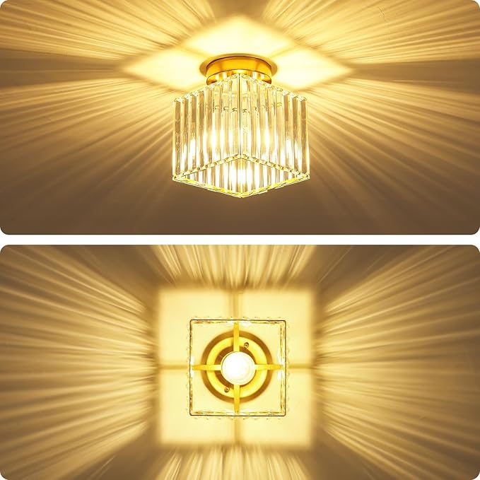 2-Pack Crystal Ceiling Light Fixture Modern Square Semi Flush Mount Ceiling Light Gold Hallway Light Fixtures Chandelier for Kitchen Entryway Bedroom Bathroom Laundry Foyer, 7.24Inch