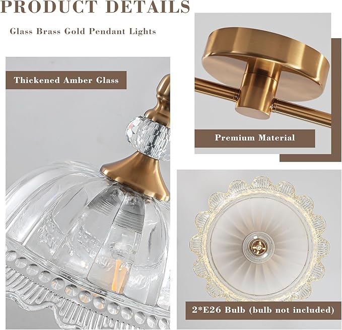 2-Light Vintage Pendant Light Fixtures for Kitchen Island Brass Gold 10.6" Glass Small Pendant Lights Adjustable Hanging Light for Hallway Porch Sink Table