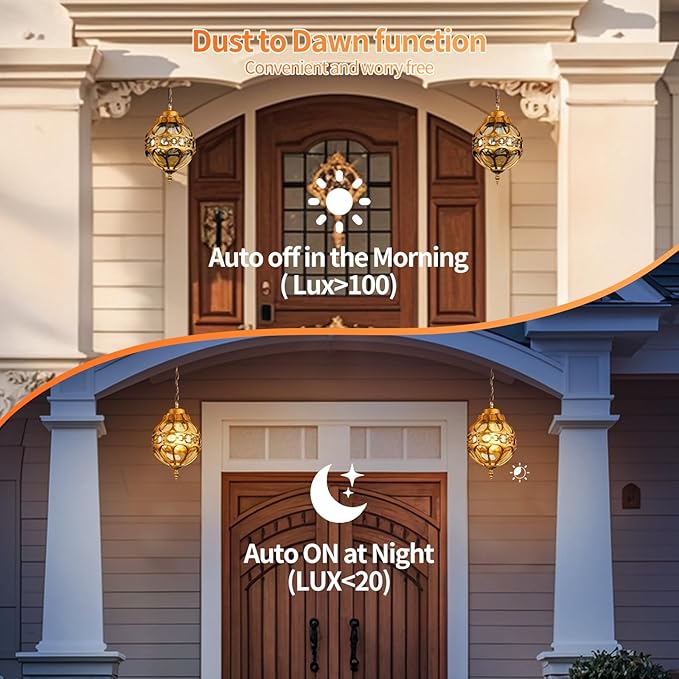 Dusk to Dawn Globe Outdoor Pendant Lights,Vintage Exterior Hanging Pendant Light Fixtures with Adjustable Chain, Aluminum Brass Outdoor Chandelier for Porch, Gazebo,with Sensor,Large