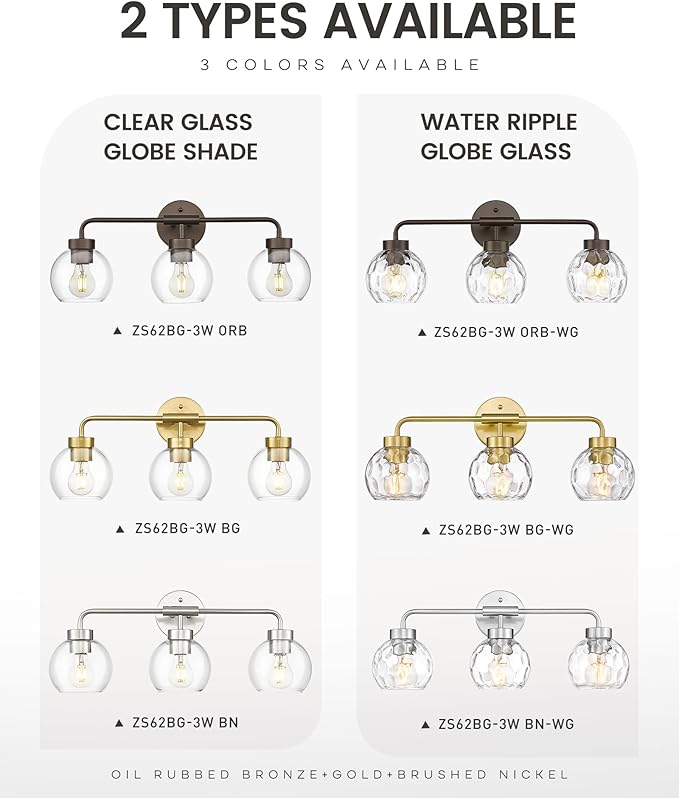 zeyu Modern Bathroom Vanity Light, 23 Inch 3-Light Gold Bathroom Light Fixtures, Water Ripple Globe Glass, Brushed Gold Finish, ZS62BG-3W BG-WG