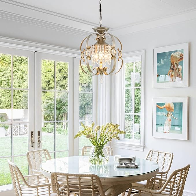 Antique Silver K9 Crystal Chandelier for Dining Room, 3-Light 14 Inch Rustic Flush Mount Ceiling Light Fixture,Vintage Bronze Hanging Pendant Lighting for Kitchen Island,Living Rooms, Foyer