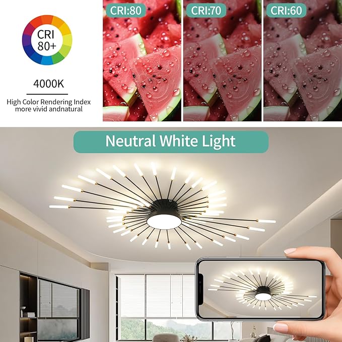 ziidoo Modern Ceiling Light, 42+1 Lights Metal Firework Designed Chic Led Lighting Fixture for Farmhouse Kitchen Dining Room Bedroom Hallway Living Room (Black)