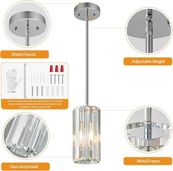 Chrome Pendant Lighting Modern Pendant Light Mini Crystal Chandeliers Adjustable Pendant Light Fixture for Kitchen Island Dinning Room Corridor Bedroom(Chorme 3-Pack)