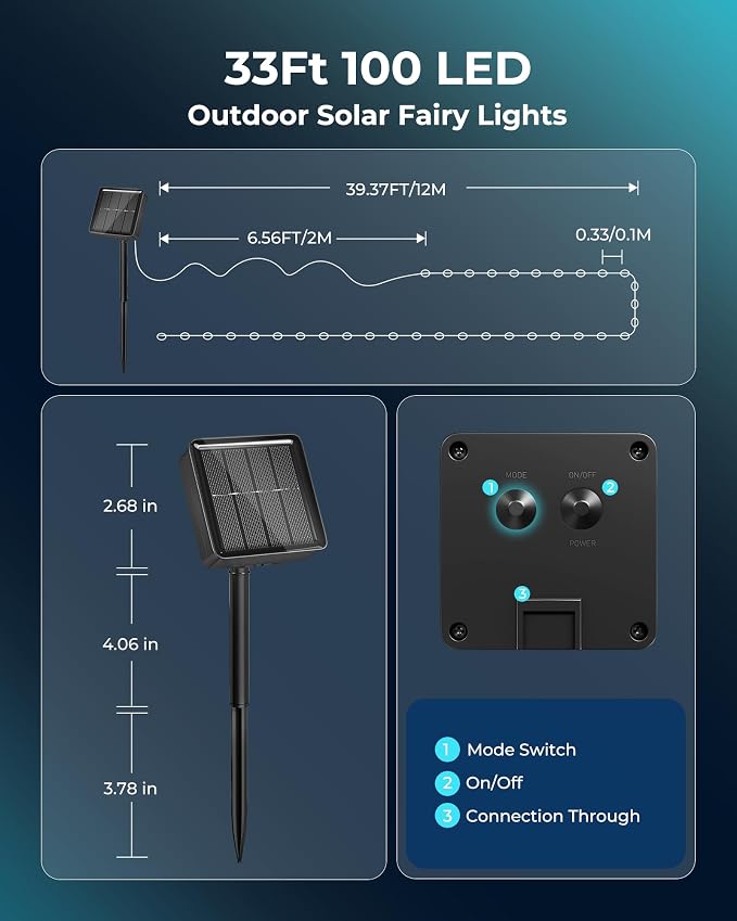 Minetom Solar String Lights for Outside, 33Ft 100 LED Outdoor Solar Fairy Lights, 8 Modes Balcony Lights for Tree Patio Christmas Party Wedding Decor (Pure White) | IP65 Waterproof Twinkle Lights with 8 Modes Outdoor & Indoor, Patio Lights for Tree Gar...