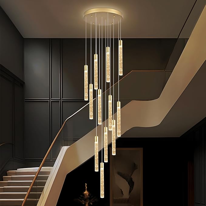 12-Light High Ceiling Chandeliers Modern Black Crystal Chandeliers for Entryway Long Spiral LED Dimmable Chandelier Flush Mount Ceiling Staircase Foyer Living Room Ceilings Light Fixture