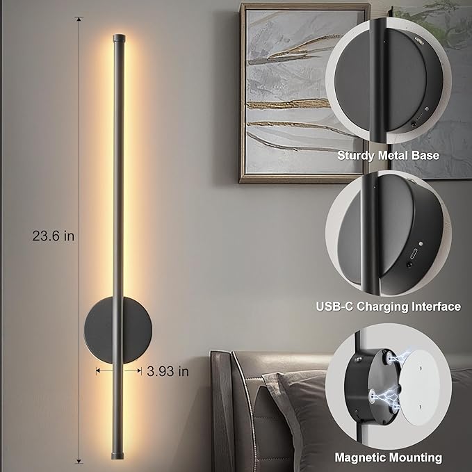 Battery Operated Modern Wall Sconces Set of Two,Rechargeable Wireless Wall Lights with Remote Control,Dimmable,3CCT,Timer,360°Rotation,Cordless Lighting for Bedroom,Living Room,Hallway,Black,23.6 Inch
