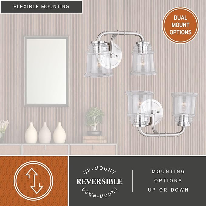 VAXCEL Toledo 2-Light 14.75 inch Wide Satin Nickel Industrial Bathroom Vanity Lighting Fixture, Clear Glass Shade, Dimmable, LED Compatible, Over The Mirror Mounted Steel Wall Sconce