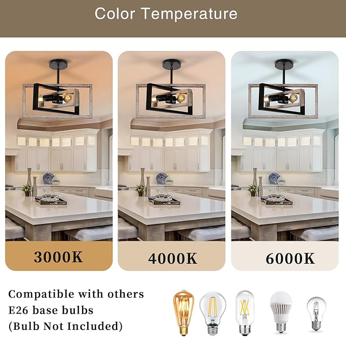 HuisMier Farmhouse 3-Lights Flush Mount Ceiling Light Fixture, Industrial Wood and Metal Chandelier, Retro Close to Ceiling Lighting for Kitchen Entryway Hallway Bedroom Dining Room Living Room Foyer