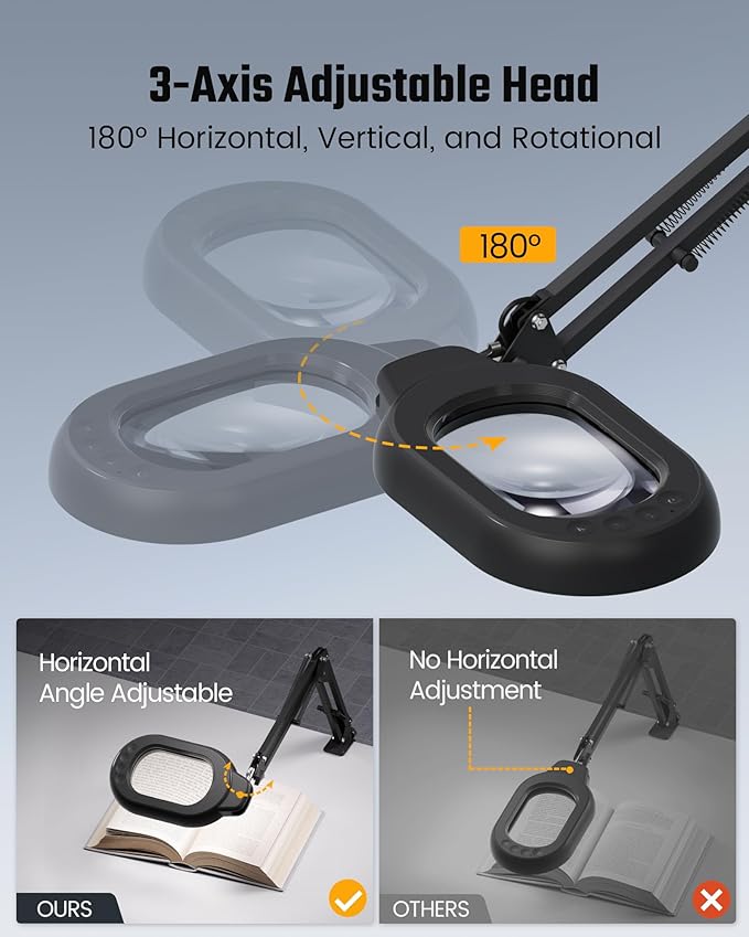 10X Magnifying Desk Lamp with Real Glass Lens Stepless Dimmable, 5 Color Modes, Hands-Free Clamp & Base, Adjustable Swing Arm for Reading, Crafting & Close Work – Black