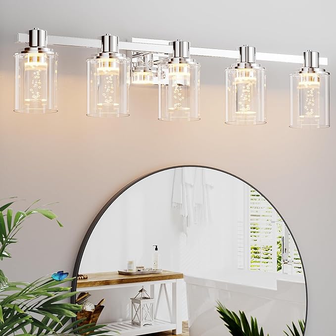 Quntis 5-Light Chrome Bathroom Vanity Light with 5 Color Modes, Dimmable Modern Bathroom Lighting Fixture Over Mirror, 35 Watts Eye Protection LED Wall Lamp 33 Inch (UL Certified, Bulbs Included)