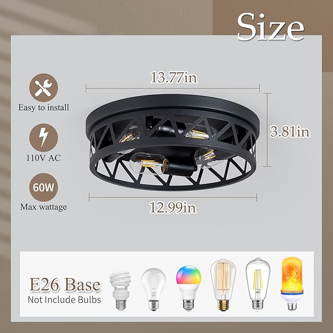 14 inch Black Flush Mount Ceiling Light Fixture,4-Light Light Fixtures Ceiling Mount for Hallway Hall,Kitchen,Farmhouse(2 Pack)