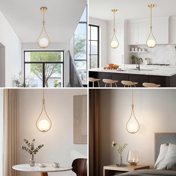 Gold Pendant Lights with Milky White Globe Glass Pendant Lights Kitchen Island Adjustable Mid Century Hanging Pendant Light Fixtures for Kitchen Dining Room Entryway, 1 Pack