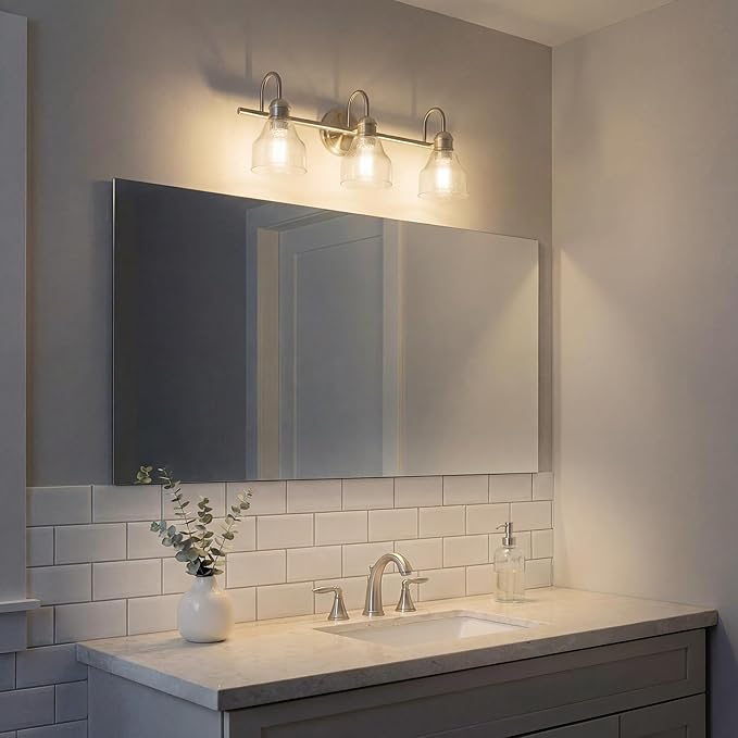 Kichler Avery 24" Vanity Bath Light in Brushed Nickel, Vintage 3-Light Bathroom Wall Mount Fixtured with Clear Seeded Glass, (24" W x 9.25" H), 45973NI
