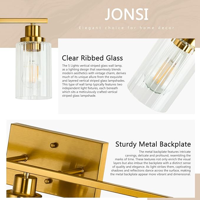 Jonsi Gold 5-Light Bathroom Vanity Light with Glass Shade, Modern Gold Bathroom Lights Over Mirror, W 40.2 x H 10.7 inches