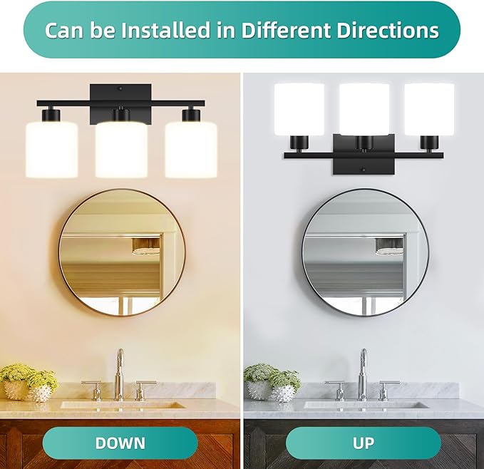 CANMEIJIA 3-Light Bathroom Vanity Light Fixtures, Matte Black Vanity Wall Scones Lighting for Bedroom Living Room, Modern Vanity Lights with Milky White Glass Shades, E26 Socket, Bulbs Not Included
