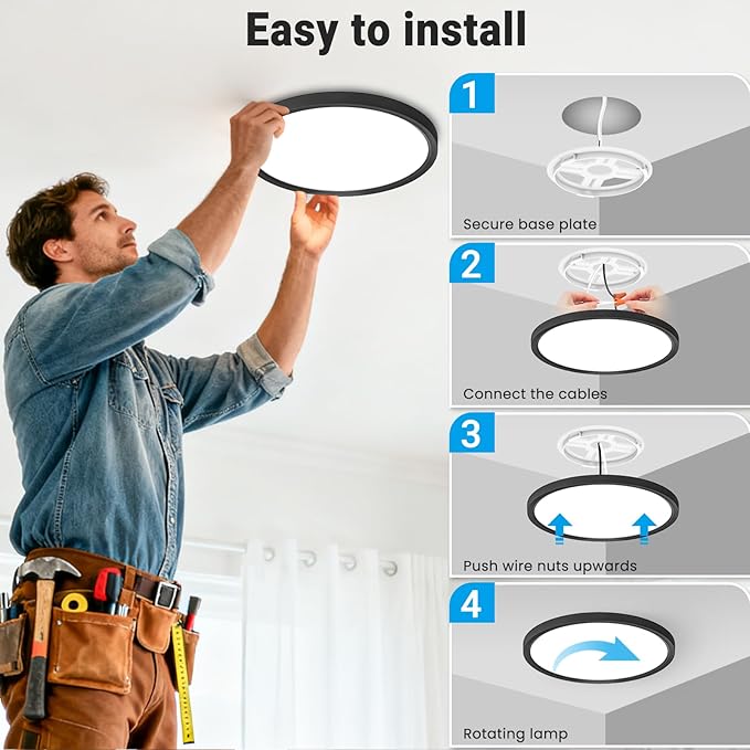 LED Flush Mount Ceiling Light,7Inch 15W,3000K/3500K/4000K/5000K/6500K 5 Color Temperatures Ceiling Light Fixture for Kitchen Porch Hallway Bedroom Bathroom and Closet,Black