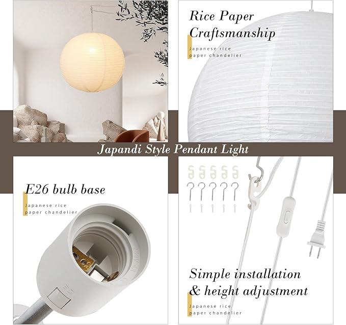 Paper Lantern Lamp Plug in Hanging Lamp 23.6in White Rice Paper Pendant Light with 19.7FT Cord Large Globe Japanese Japandi Wabi Sabi Chandelier for Dining Living Room Bedroom Office 2 Pack