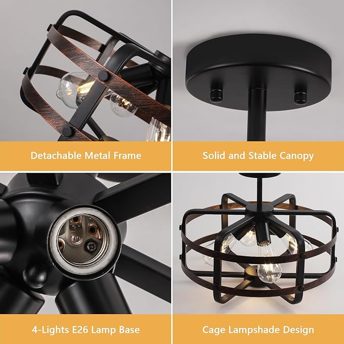 17.71'' Farmhouse Cage Semi Flush Mount Ceiling Light Fixture 4-Light Rustic Metal Ceiling Lighting Industrial Light Fixtures Vintage Ceiling Mount Black Chandeliers for Dining Room Kitchen Foyer E26