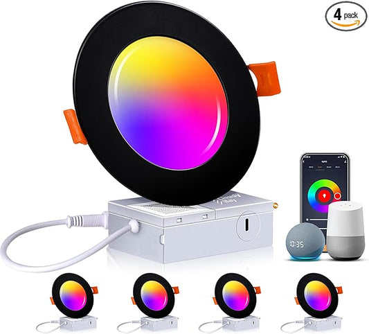 CLOUDY BAY [4 Pack] 4inch Smart WiFi LED Recessed Lights,RGBCW Color Changing Recessed Lighting,Compatible with Alexa and Google Home Assistant,No Hub Required,10W 2700K-6500K,CRI90+,Black