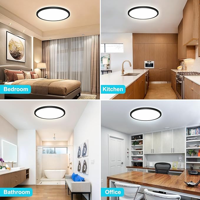 libtit 13 Inch Led Flush Mount Ceiling Light Fixtures, 3 Color 3000K-4500K-6000K Selectable, Thin Flat Round Lighting Fixture Surface Mount for Office Garage Hallway (Black, 12 Pack)