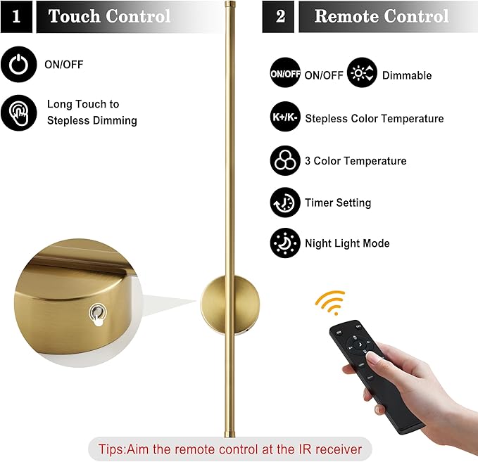 Battery Operated Modern Wall Sconces Set of Two,Rechargeable Wireless Wall Lights with Remote Control,Dimmable,3CCT,Timer,360°Rotation,Cordless Lighting for Bedroom,Living Room,Hallway,Brass,27.6 Inch