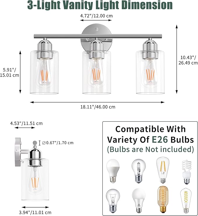 Espird Bathroom Vanity Light Fixtures Polished Chrome Bathroom Lighting Fixture, 3 Lights Bathroom Light Fixture Over Mirror, Modern Black Vanity Light, Wall Sconces with Glass Shades