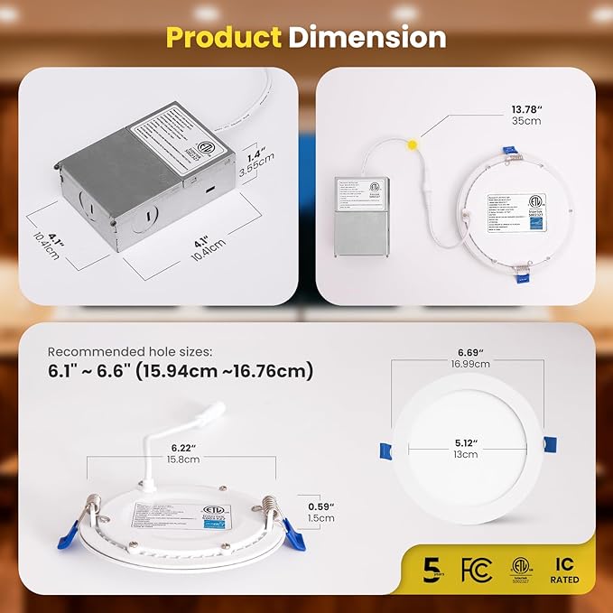 Recessed Lighting 6 Inch 4Packs, 5CCT 2700K-5000K Anti-Glare LED Can Lights, 12W 1080LM High Brightness Dimmable Recessed Lights, Easy-to-Install Wafer Light with Junction Box, ETL & FCC & IC