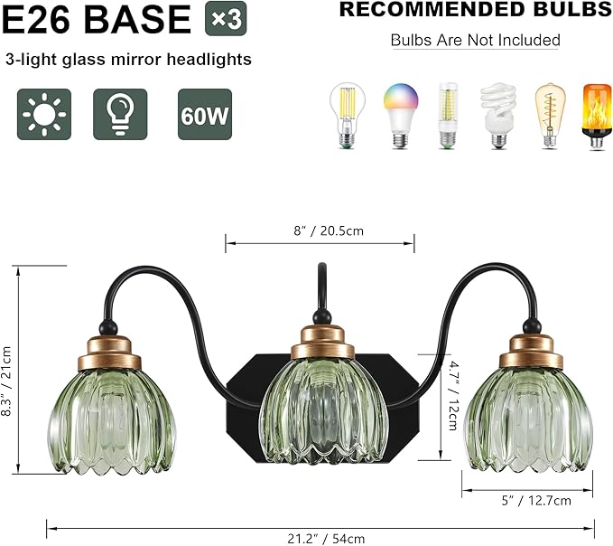 Vintage Bathroom Vanity Light, Bathroom Lighting Fixtures Over Mirror, Mid Century Style Farmhouse Light Fixtures with Green Glass Shades, Black Finish Wall Mount for Bedroom (Green, 3-Light)