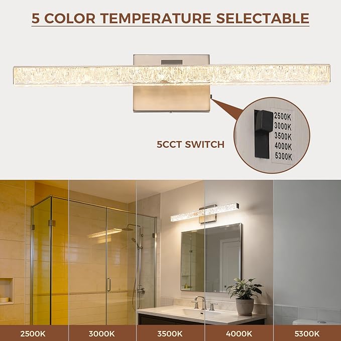 24 Inch LED Vanity Lights for Bathroom, 5CCT Selectable Brushed Nickel Bathroom Light Fixtures Over Mirror, Iceberg Crackle Acrylic Modern Wall Sconce, Dimmable Slim Bar for Mirror Cabinet