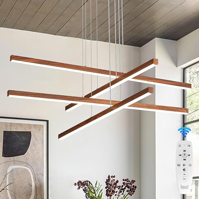 Modern Linear Pendant Light with Remote, LED Chandelier 32" Farmhouse Wood Painted Ceiling Hanging Light Fixture Large 4 Light Dimmable for Dining Room Staircase Foyer