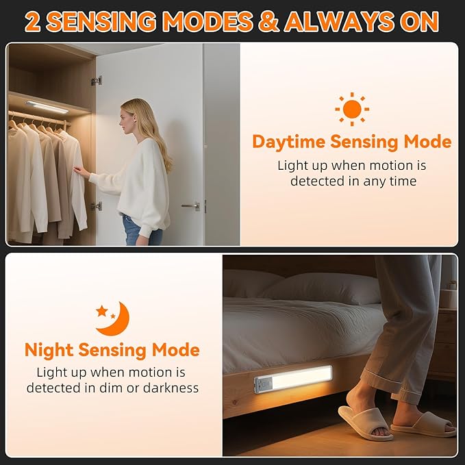 Under Cabinet Lighting Wireless, 15inch Rechargeable Motion Sensor Light Indoor, 3 Color Closet Light Battery Operated with LED Power Display, Magnetic Under Counter Lights for Kitchen, Home (3Pack)