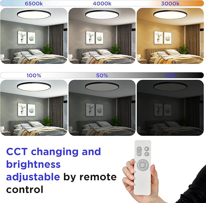 ocioc 18 inch Ceiling Light with Remote, 40W LED Flush Mount Light Fixture with 2000K Backlight, 3000K-6500K Light Color Changing, Black Ceiling Light Fixture for Bedroom,Living Room,Kitchen