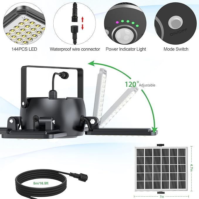 INXPHY Solar Shed Light Indoor Outdoor 1200LM 144LED Pendant Light, Motion Sensor with Upgrade 5 Lighting Modes & Remote Control 4-Leaf 120°Adjustable Lights for Home Yard Garage