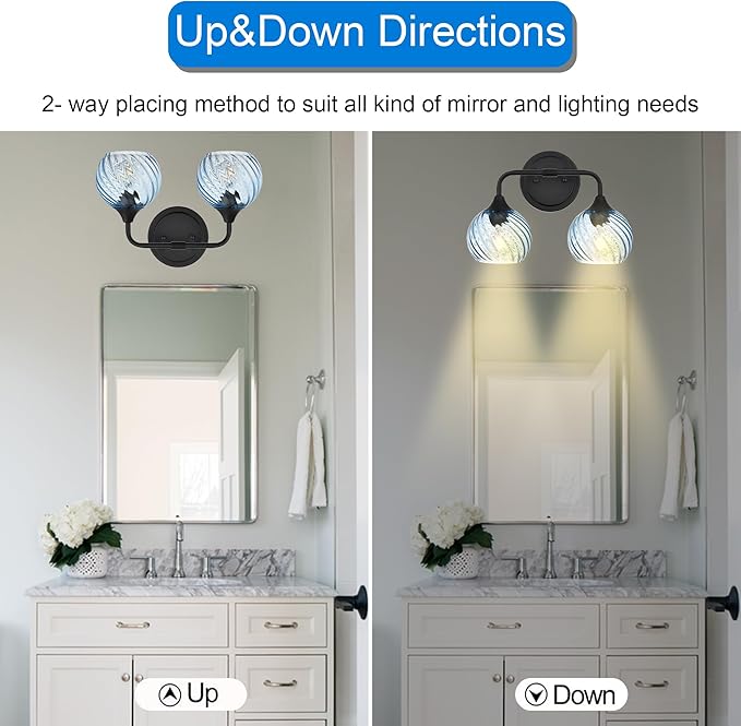 MELUCEE 15 Inch 2 Light Bathroom Wall Lights with Blue Striped Swirl Glass Shade, Black Bathroom Lights Over Mirror Vanity Lighting Fixtures Wall Lamp for Bathroom, Living Room, Hallway