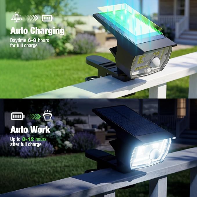 nipify 2 Pack Clip On Solar Lights Outdoor, Motion Sensor Lights with 3 Modes, 2-in-1 Solar Security Light Waterproof for Outside Fence, Deck, Gutter, Pathway