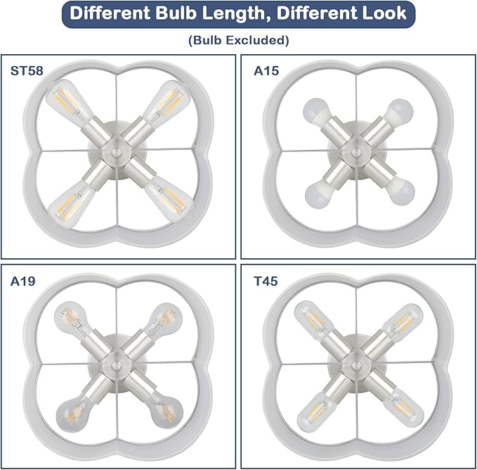 4-Light Semi Flush Mount Ceiling Light Fixture, Silver Modern Close to Ceiling Lamp with White Fabric Shade, Contemporary Bright Lighting for Nursery Kids Baby Room Kitchen Bedroom Hallway Entryway