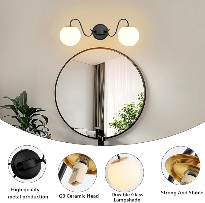 2 Lights Vintage Bathroom Vanity Light Fixtures Over Mirror, Matte Black Vanity Lights For Bathroom With Milk White Glass Globe Shade, Wall Lights For Bedroom, Hallway, Dressing Table(Includ G9 Bulbs)