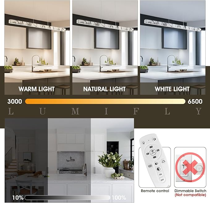 39” Linear Pendant Lights for Kitchen Island, Modern LED Chandelier for Dining Room, Dimmable Hanging Light Fixture with Remote for Office Pool Table, Marble Pattern