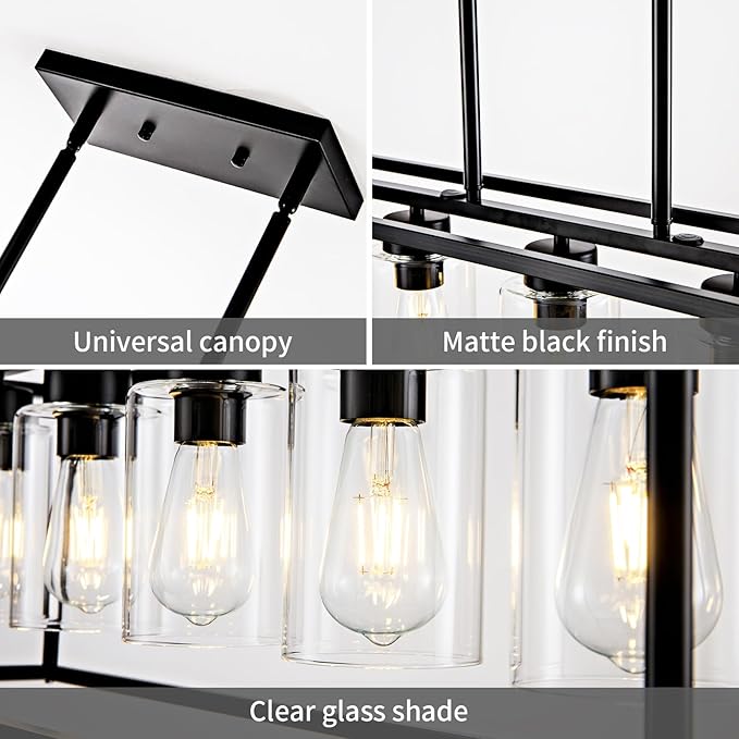 6 Light Dining Room Light Fixture Black Farmhouse Chandelier Kitchen Island Pendant Lighting Rectangle Modern Industrial Living Room Hanging Lights Adjustable Height