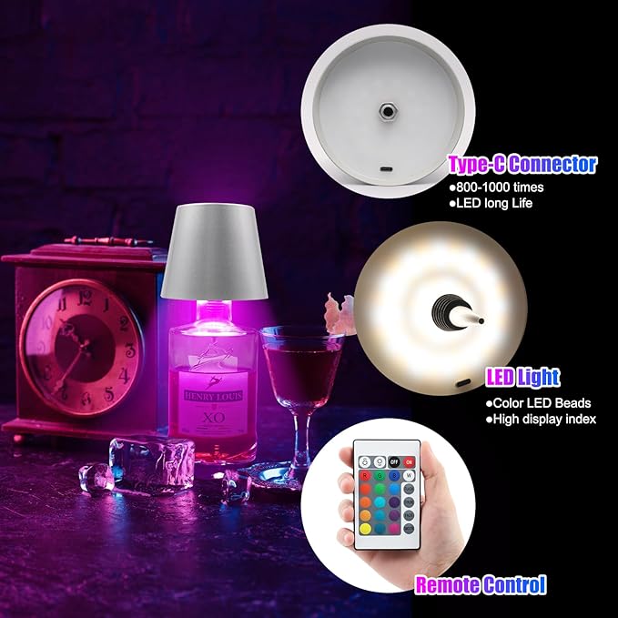 Wireless Bottle Lamp with Remote Control, Rechargeable RGB Wine Bottle with 3Modes Light Dimming, Waterproof Bottle Touch Lamp Head for Room, Bar, Restaurant and Party Decorations(Silver RGB)