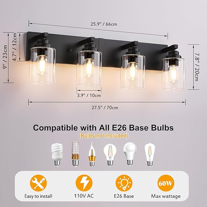 Black Bathroom Light Fixture, 4 Light Matte Black Vanity Light, 27.5" Modern Bathroom Lighting Fixtures Over Mirror, with Clear Glass Shade, Vanity Lights for Bathroom Bedroom Hallway