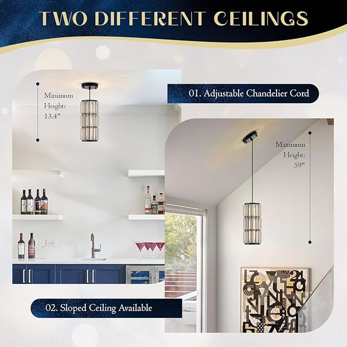 Black Pendant Lighting, Modern Crystal Mini Pendant Light Fixture, Adjustable 3-Pack Chandeliers for Kitchen Island, Dining Room, Bedroom
