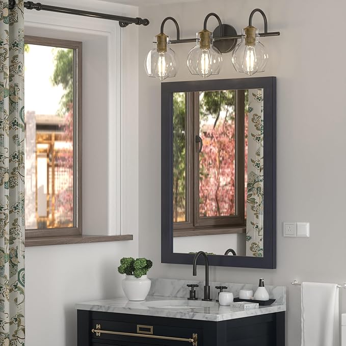 3 Light Bathroom Vanity Light, Brushed Gold and Black Vanity Lighting Fixtures, Bathroom Wall Mounted Sconces Vanity Lights Over Mirror with Globel Glass Shade, E26 Base