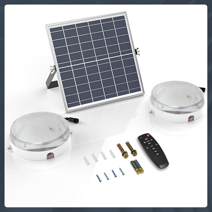 Solar Shed Lights Indoor Outdoor 2 Pack, Brighter & Tricolor & Daytime Ceiling Light with ON/Off Switch & Remote, Dimmable Waterproof Solar Barn Light for Porch, Shop, Stable, Carpot