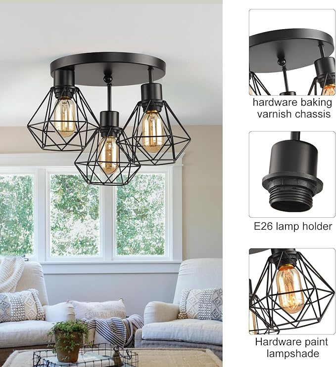 3 Lights Industrial Ceiling Light Fixtures,Iron Cage Ceiling Lamp Pendant Lighting,3-Light Close to Ceiling Light Fixtures, Modern Chandelier for Bedroom Entryway Kitchen Hallway