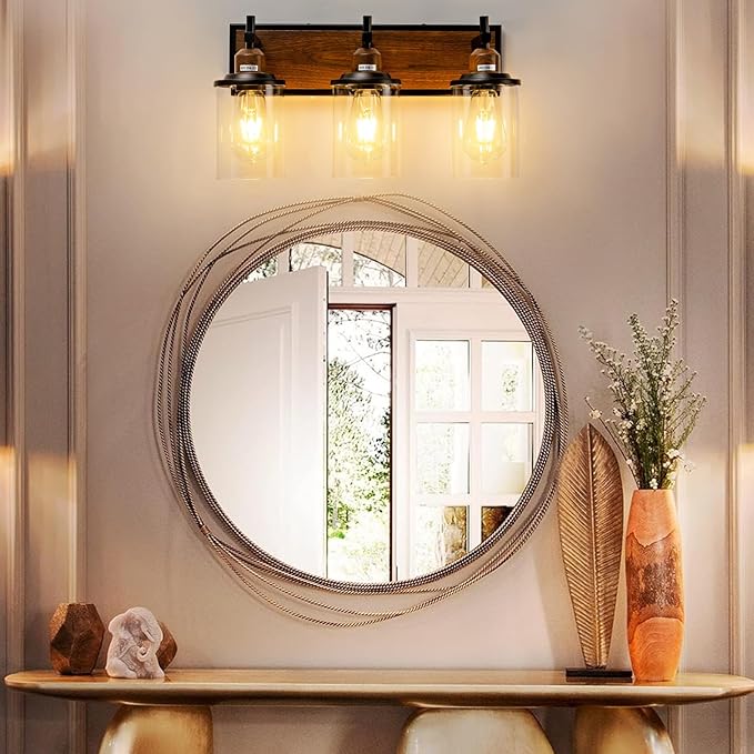 Lanhall 3-Light Farmhouse Bathroom Light Fixtures Vintage Vanity Lights Over Mirror Black and Wood Painted Metal Vanity Light with Glass Shades E26 Socket